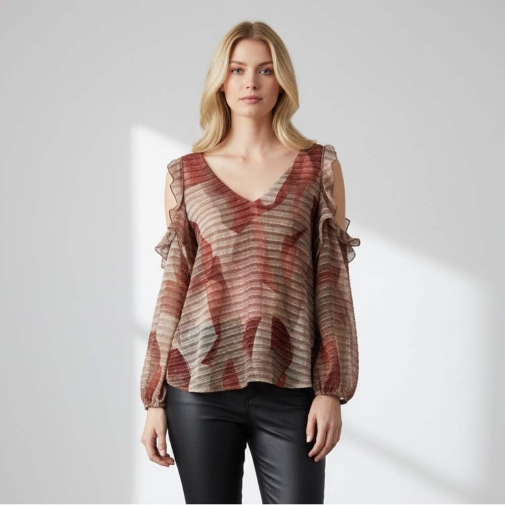 Adrienne Landau Long Sleeve Top Blouse Shoulder Cut Out Red Cream